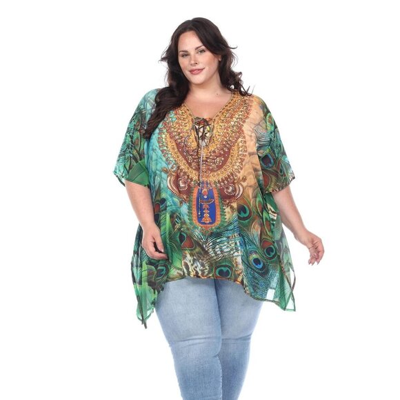 White Mark Green Peacock Plus Short Caftan with Tie-Up Neckline – One Size NWT - Picture 1 of 6